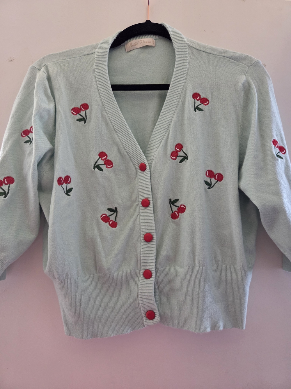 BELLE POQUE Light Green Cherry-Embroidered V-Neck Cropped Cardigan Sweater